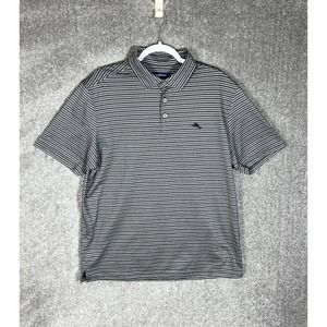 Tommy Bahama Polo Shirt‎ Mens Size Large Gray Black Striped Short Sleeve